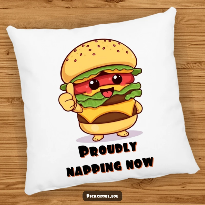 Funny Pillow featuring a happy burger character giving a thumbs up, providing soft comfort with a side of delicious humor.