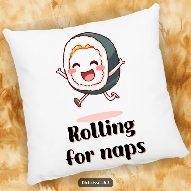 Funny pillow with a smiling sushi roll in a playful leap, providing comfort and a dose of cheer.