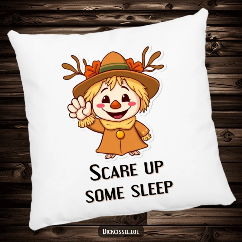Funny pillow featuring a grinning scarecrow character with a welcoming wave, perfect for adding cozy autumn humor.