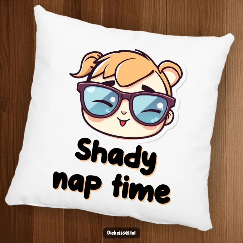 Funny pillow showcasing a sticker of cool sunglasses winking cheekily, adding a touch of comfort and style.