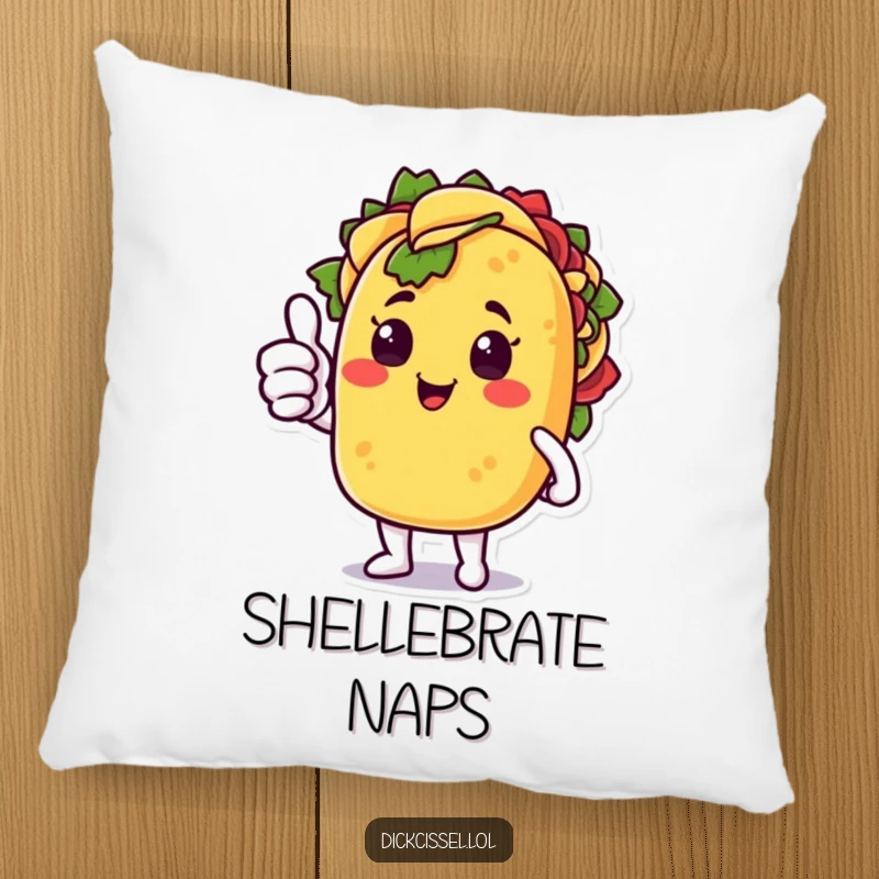 Funny pillow with a delighted taco character giving a surprised thumbs up, offering comfort and amusement.