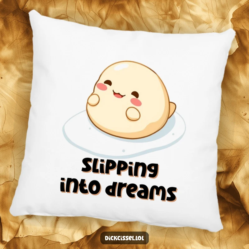 Funny pillow showcasing a cheerful dumpling character comically sliding down a slick surface, adding comfort and humor.