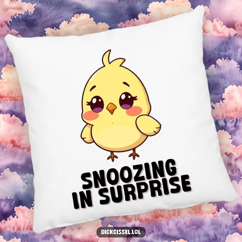 Funny decorative pillow with a tiny bird character displaying a shocked expression and slightly uneven wings.