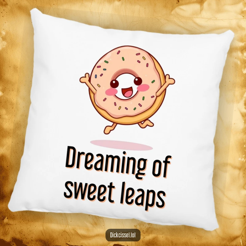 Funny cheerful donut pillow featuring a happy, sprinkled donut in a joyful leap, soft and decorative.