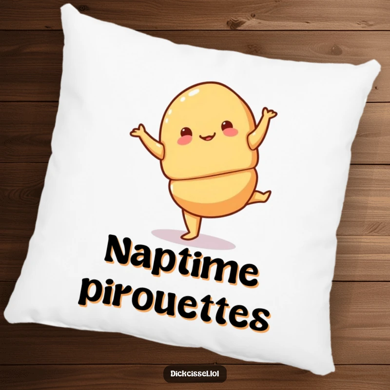 Funny croissant pirouette pillow featuring a playful croissant performing a jaunty turn, soft and decorative.