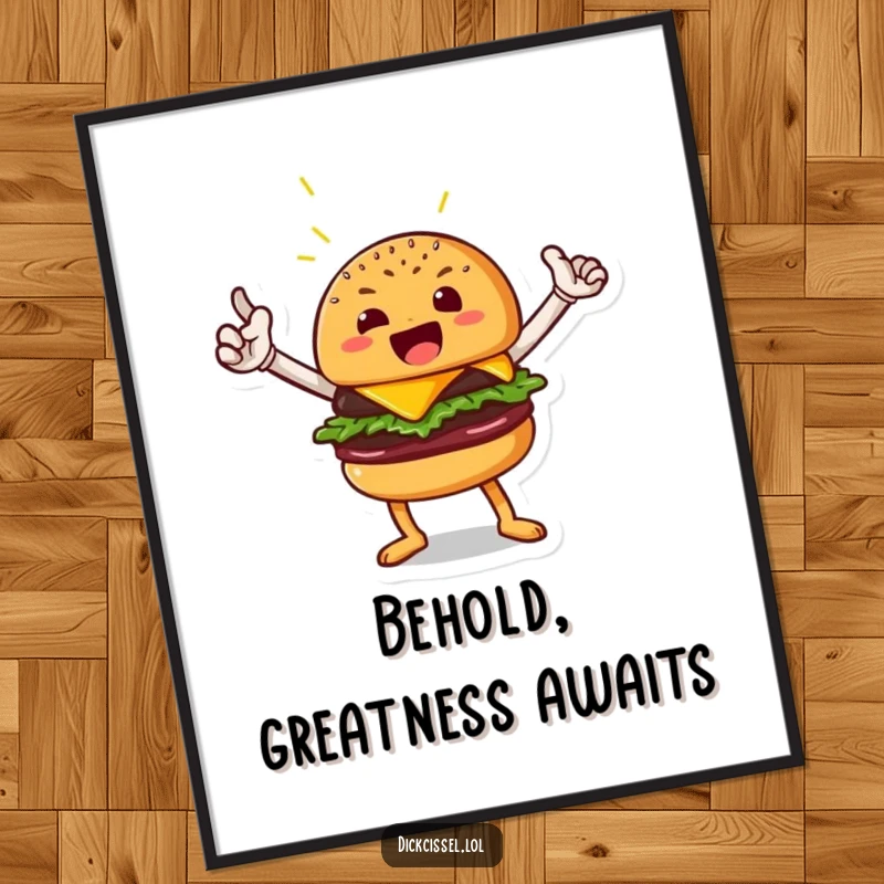 Funny digital art print of a beaming burger character in a heroic pose, ready to add bold flavor to walls, a wonderful funny gift.