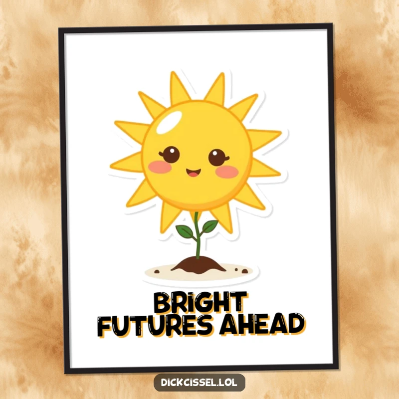 Funny beaming sun character shining on a sprouting seedling, ready to be printed and bring cheerful energy.
