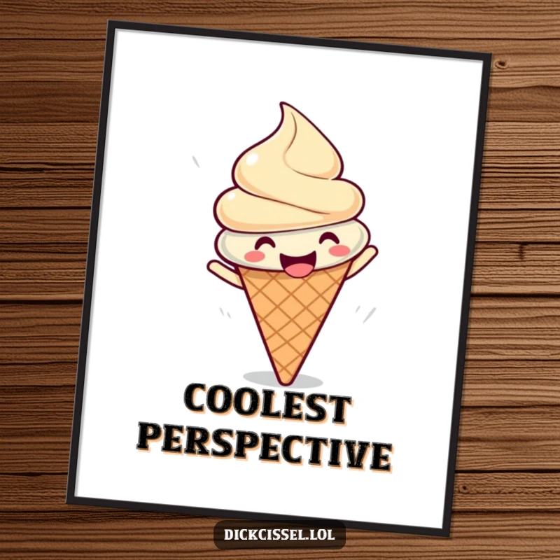 Funny digital art print of a gleeful ice cream cone doing a happy spin, ideal for instant, sweet wall decor.
