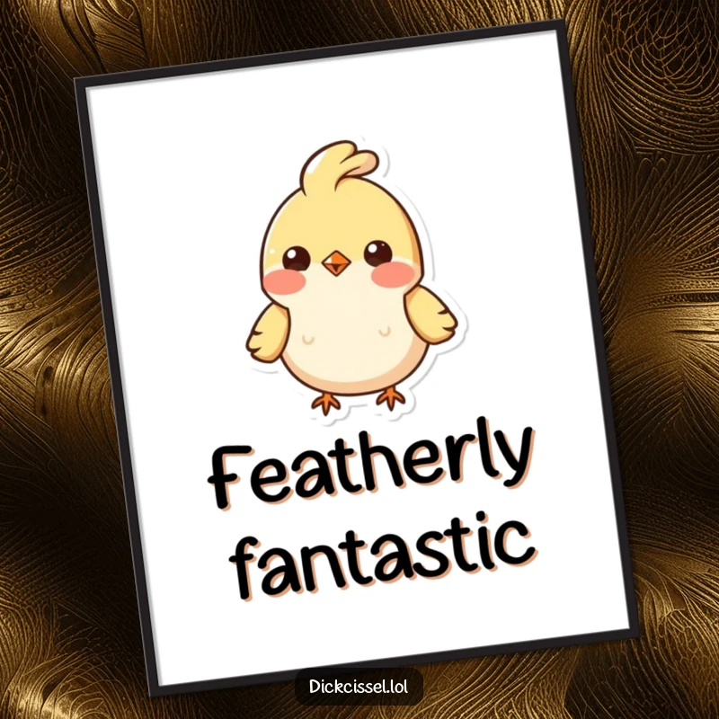 Funny digital art print of a small, happy bird character with a signature bobbing feather tuft, radiating pure joy.