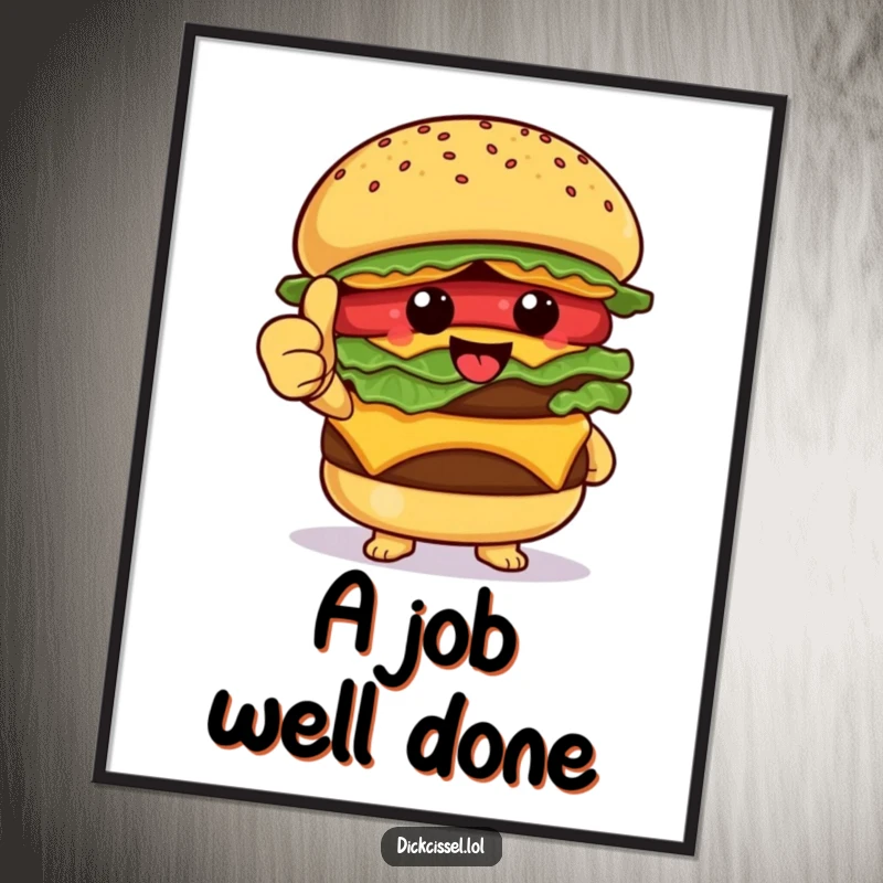 Funny Digital Art Print of a happy burger character giving a thumbs up, adding a cheerful and humorous foodie touch to any display.