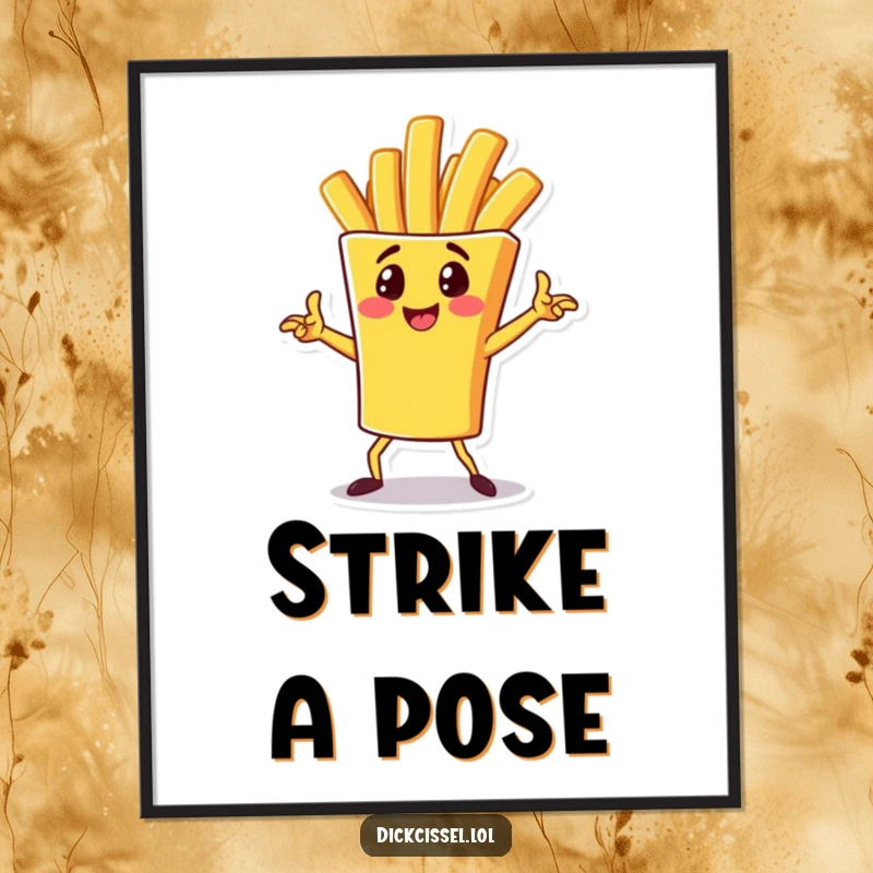 Funny Digital Art Print of a cheerful french fry character in a dynamic pose, adding energetic and humorous style to any display.