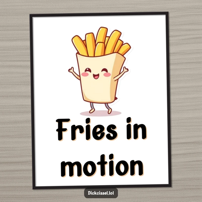 Funny digital art print of a cheerful french fry character doing a grand twirl, ready to bring dynamic whimsy to walls, a wonderful funny gift.