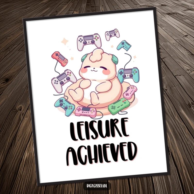 Funny digital art print of a creature happily lounging, surrounded by floating game controllers.