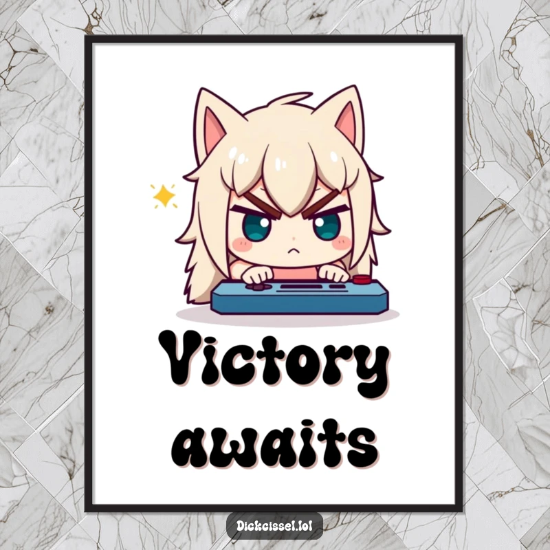 Funny digital art print of a character with a comically determined expression, intensely focused on playing a video game.