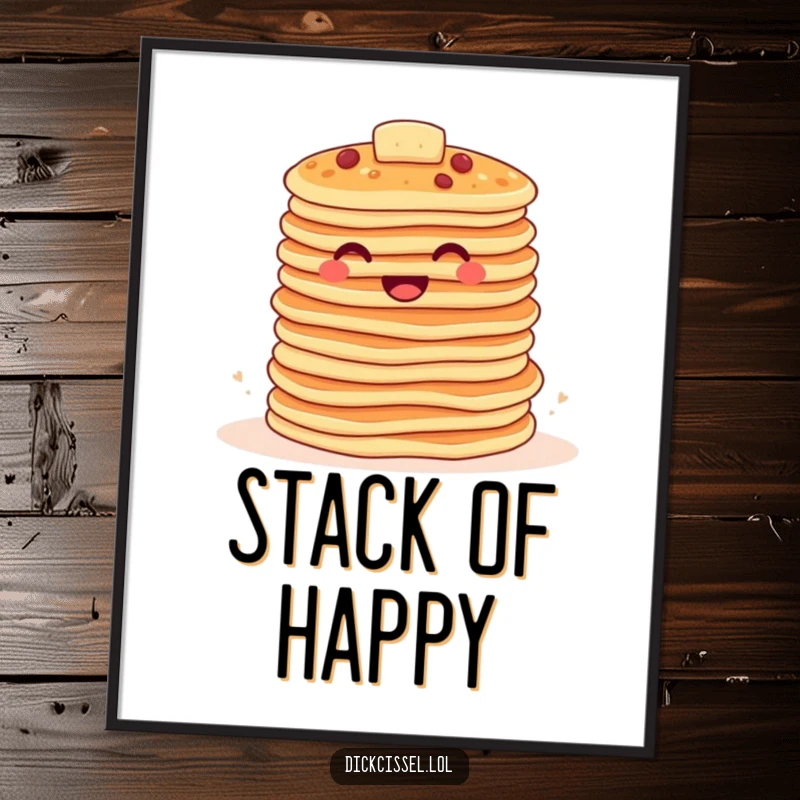 Funny pancake digital art print of a stack of happy pancakes bouncing together, ideal for cheerful and humorous kitchen decor.