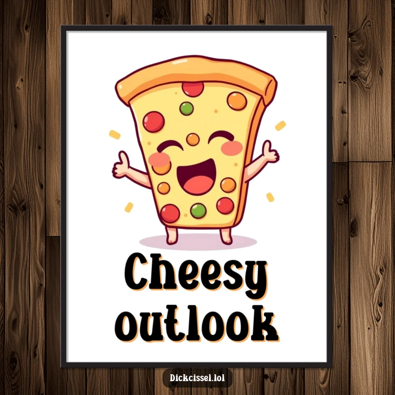 Funny digital art print of an excited pizza slice giving a happy wink, ideal for instant, savory wall decor.