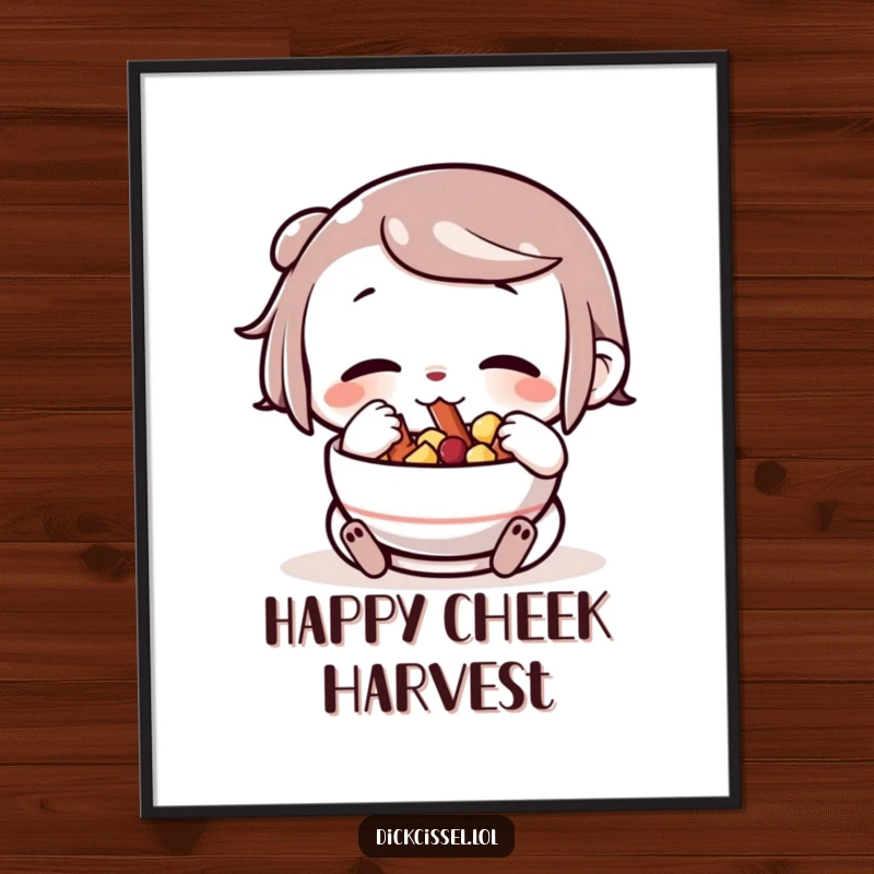 Funny character with cheeks comically stuffed full of snacks from a bowl, as a digital art print, depicting pure snack enjoyment.