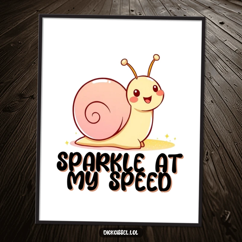 Funny digital art print of a joyful snail character leaving a magical, sparkly trail, perfect for whimsical home decor.
