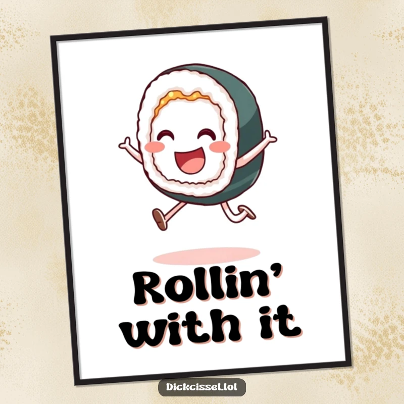 Funny digital art print of a smiling sushi roll in a playful leap, ideal for instant, humorous wall art.
