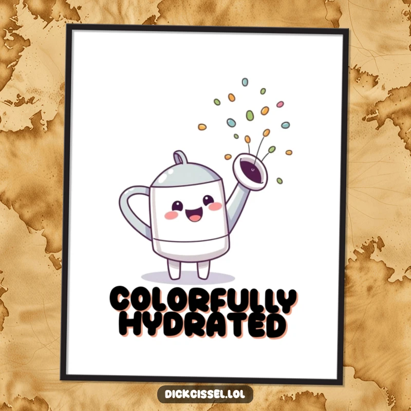 Funny watering can character joyfully spraying a colorful rainbow, ready to be printed and displayed as vibrant art.