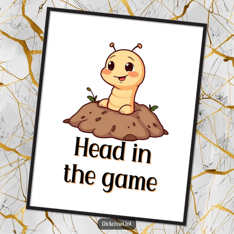 Funny digital art print of a mischievous worm character popping its head out of soil, perfect for playful decor.