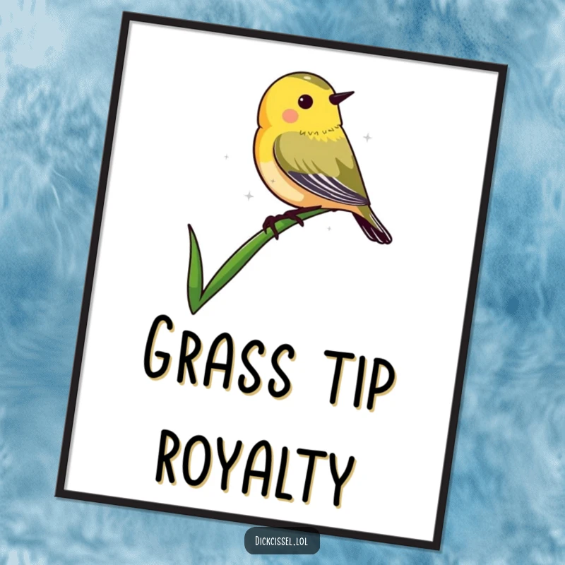 Funny digital art print of a dickcissel bird shape delicately perched on the sharp tip of a blade of grass.