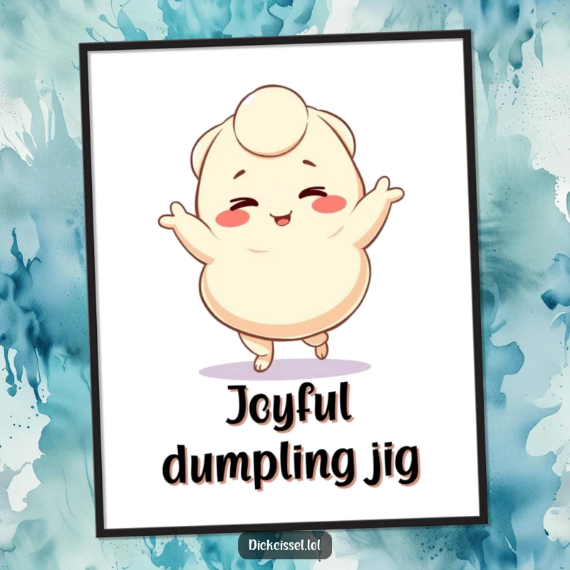 Funny digital art print of a winking dumpling character doing a delightful jig, ready to bring dynamic joy to walls, a wonderful funny gift.
