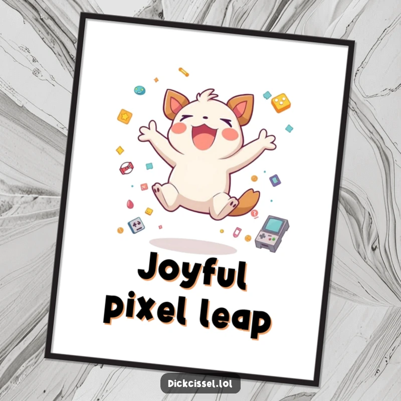 Funny creature jumping excitedly for joy, surrounded by tiny game icons, as a digital art print, celebrating gaming success.