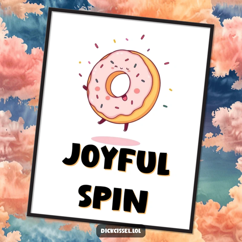 Funny Digital Art Print of a sweet donut joyfully doing a cartwheel, with a delightful explosion of flying sprinkles.