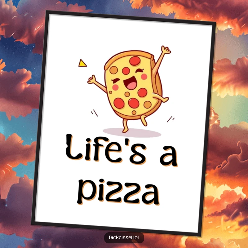 Funny pizza cartwheel digital art print, a slice doing a celebratory spin, vibrant and humorous wall decor. Instant downloadable art.