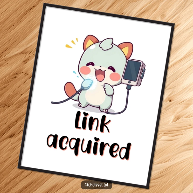 Funny digital art print of a creature joyfully plugging a bright, glowing cable into a device, celebrating connection and technology.