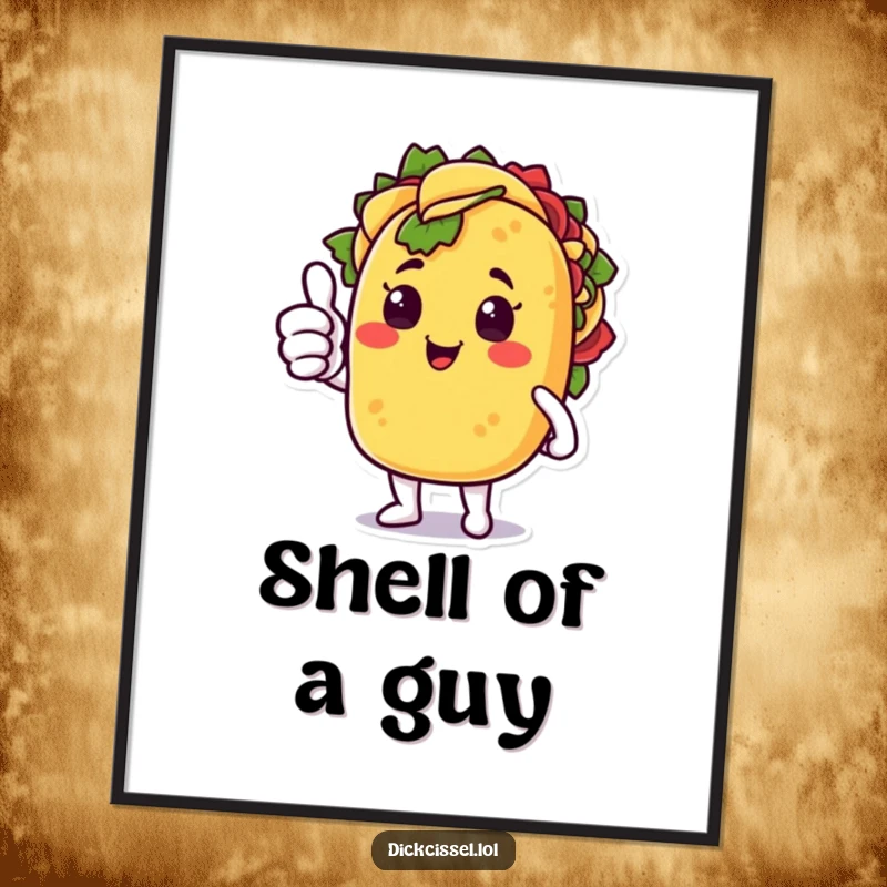 Funny digital art print of a happy taco character giving a surprised thumbs up, perfect for immediate, humorous decoration.