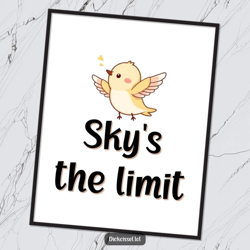 Funny digital art print of a tiny bird in ecstatic flight, wings spread wide, radiating pure happiness. Vibrant wall decor.