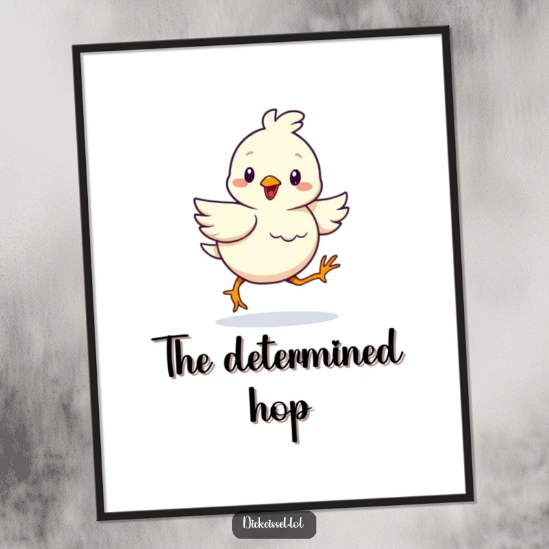 Funny digital art print of a cheerful bird waddling determinedly, perfect for adding motivational decor.