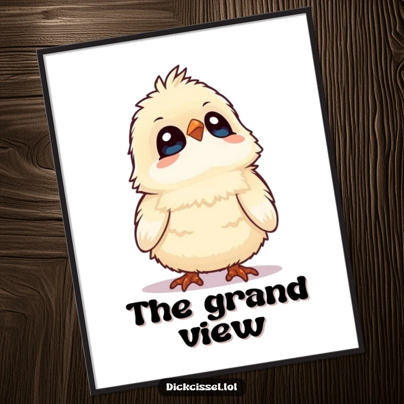 Funny digital art print of a fluffy bird looking upwards with wide, wondrous eyes, evoking curiosity and charm. Whimsical decor.