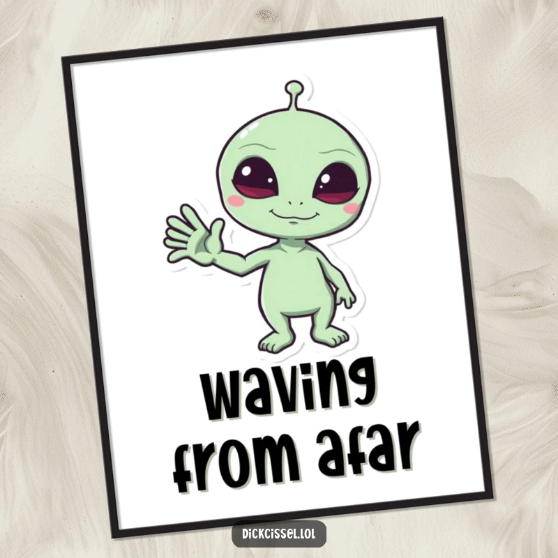 Funny Digital Art Print of a mischievous alien giving a funny wave, offering instant humorous, space-themed decor.