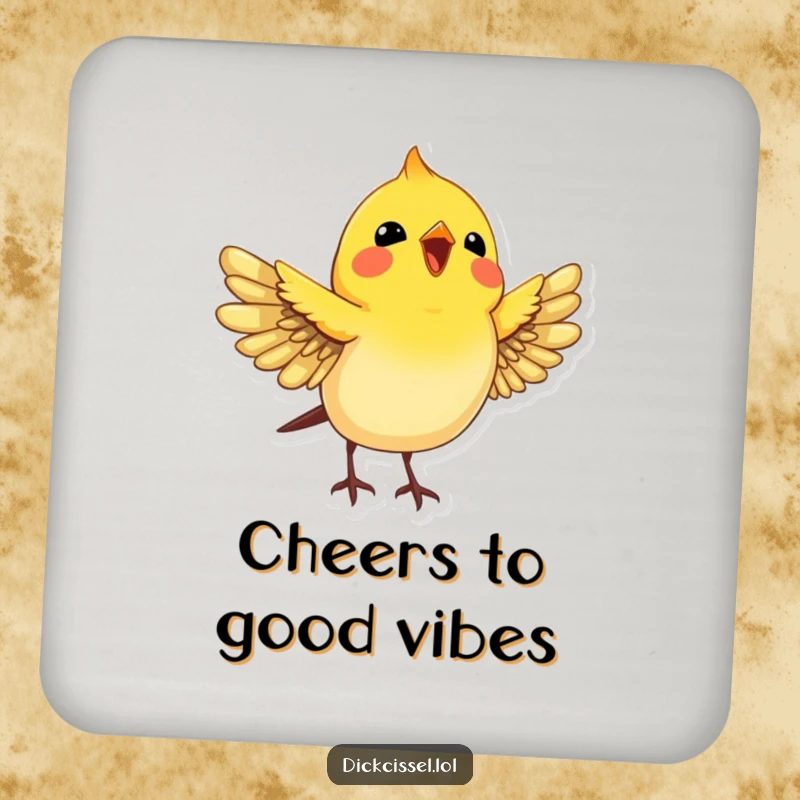 Funny Dickcissel Bird Drink Coaster: A joyful dickcissel bird with wings spread looking up, guarding your surfaces with happiness.