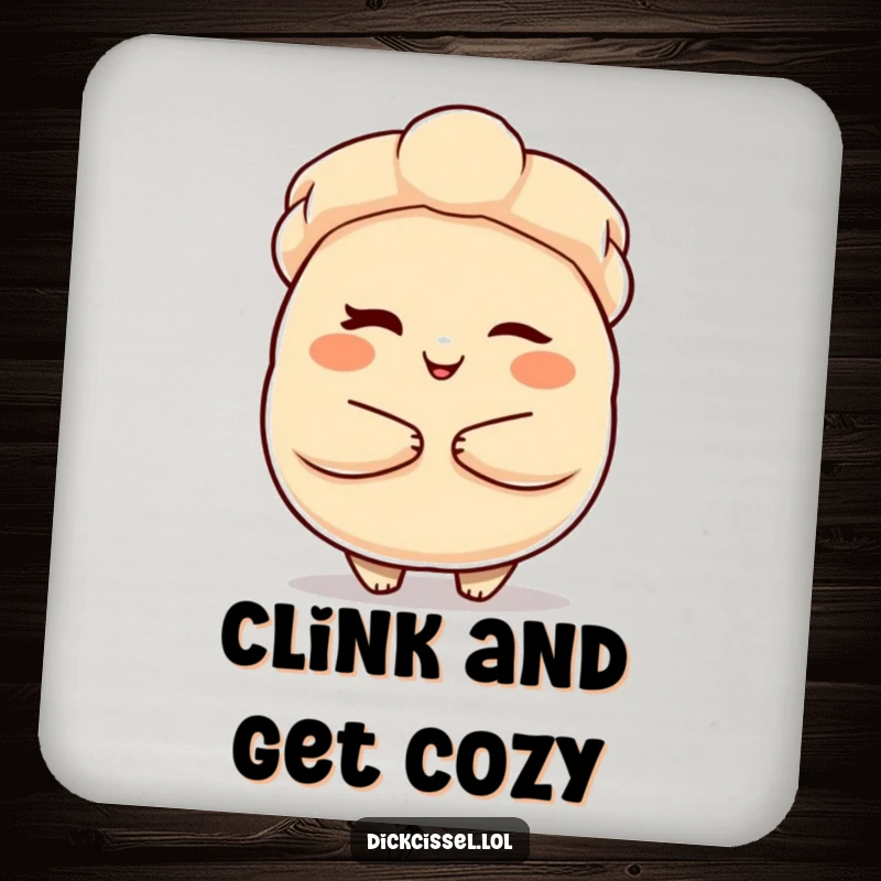 Funny Drink Coaster featuring a winking dumpling character offering a warm embrace, protecting surfaces with a cute, humorous design.