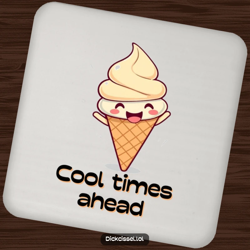 Funny drink coasters featuring a gleeful ice cream cone doing a happy spin, protecting tables with sweet humor.