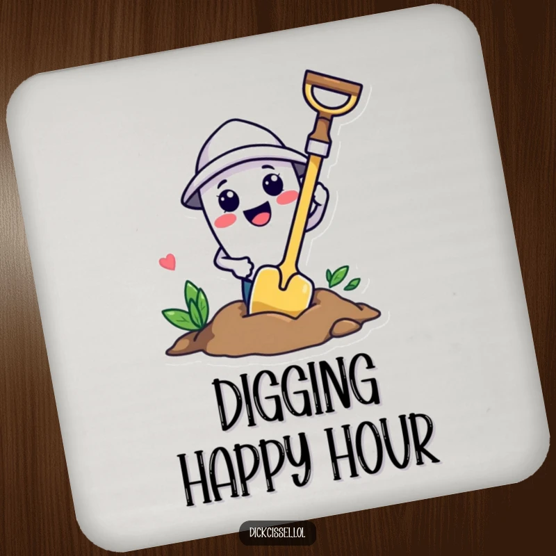 Funny trowel character digging a hole, a charming and protective solution for your drinkware.