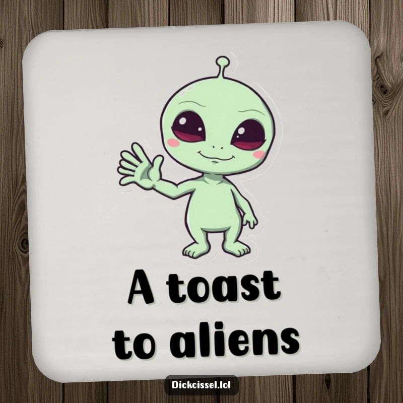 Funny Drink Coaster featuring a mischievous alien giving a funny wave, a small but humorous piece of space-themed decor.