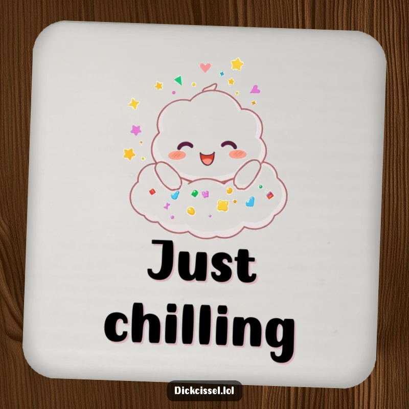 Funny drink coasters depicting a cheerful cloud character joyfully raining colorful stickers, protecting surfaces with style.