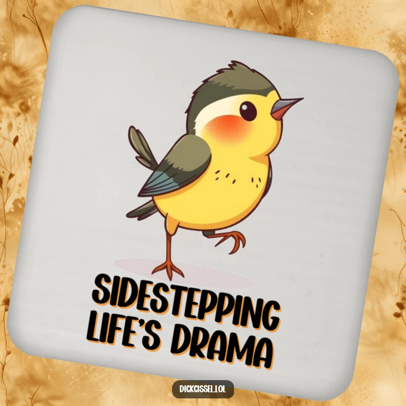 Funny Dickcissel Bird Drink Coaster: A dickcissel bird hopping sideways with curiosity, adding a playful touch to your table.