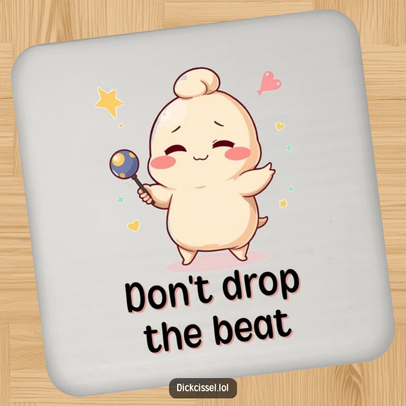 Funny winking dumpling character comically failing at juggling on a drink coaster, protecting surfaces with humor.