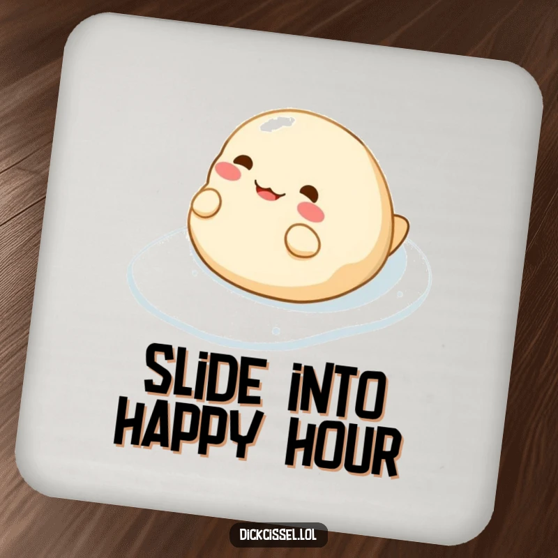Funny drink coaster showing a cheerful dumpling character having a blast sliding down a slippery surface.