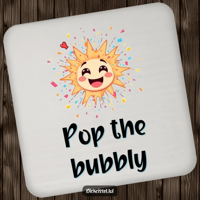 Funny drink coasters depicting a sticker of a lively explosion with colorful confetti and streamers bursting outward.