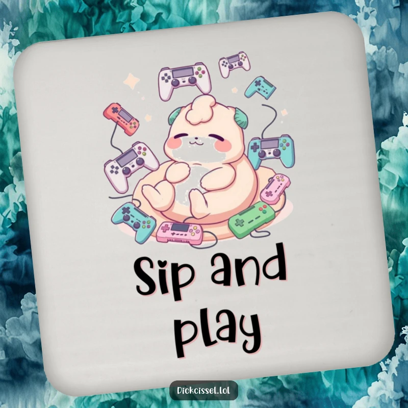 Funny drink coaster featuring a creature happily lounging, surrounded by floating game controllers.