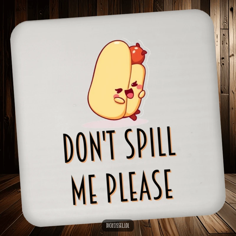 Funny hot dog character comically tripping over its bun on a drink coaster, protecting surfaces with humor.