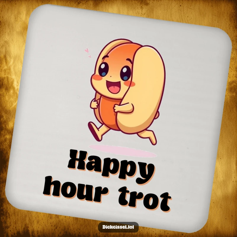 Funny Drink Coaster featuring a smiling hot dog character doing a happy trot, protecting surfaces with a playful, humorous design.