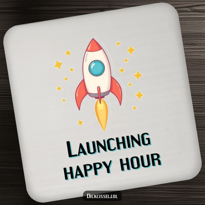 Funny rocket drink coaster with a rocket blasting off and a trail of stars, for surface protection.
